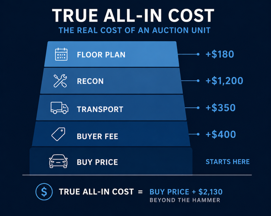 Stacked cost breakdown of a wholesale auction unit for franchise car dealers