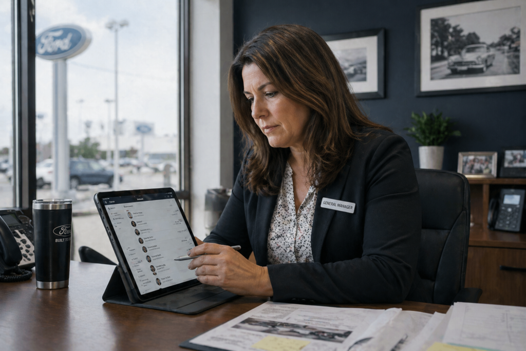 Dealership GM reviewing customer database for trade-in outreach opportunities