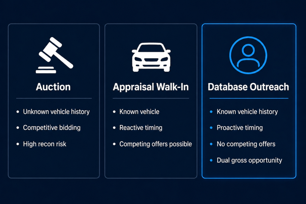 Three-panel comparison of used vehicle acquisition channels — auction, appraisal walk-in, and proactive database outreach