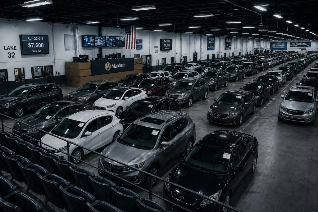 Wholesale vehicle auction lane — the highest-cost, lowest-gross used vehicle acquisition channel for franchise dealers