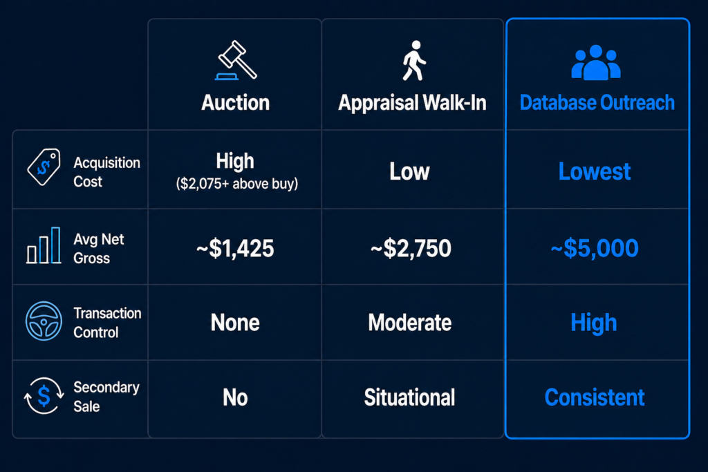 Three-channel used vehicle acquisition comparison — auction vs. appraisal walk-in vs. database outreach for franchise dealers