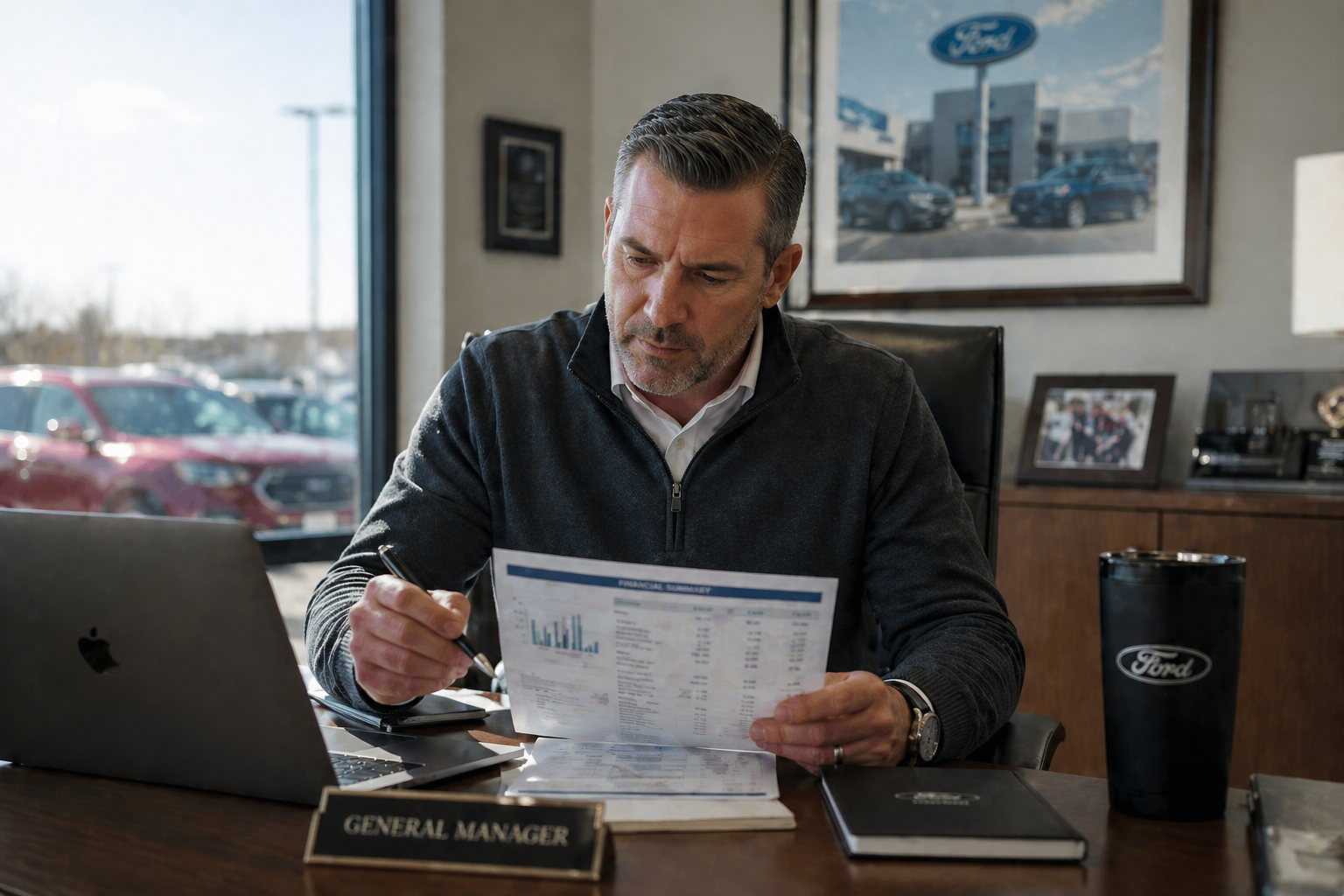 Dealer principal reviewing used vehicle acquisition ROI framework — comparing sourcing channels