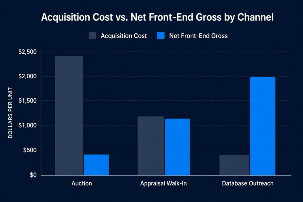 Used vehicle acquisition channel comparison — cost per unit vs. net front-end gross across auction, appraisal walk-in, and database outreach