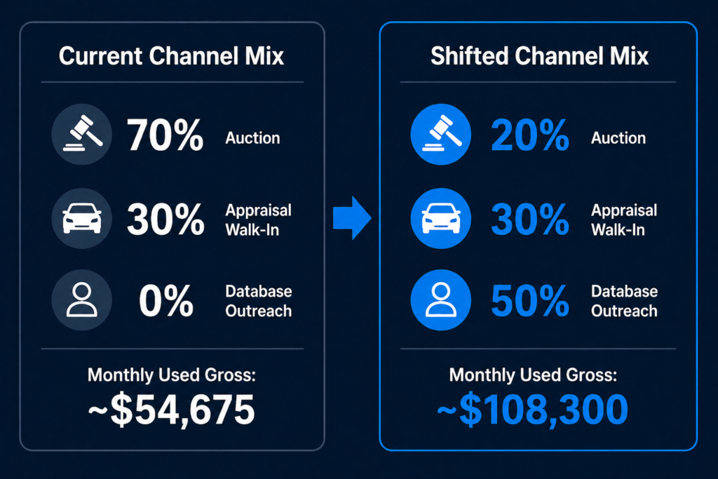 Used vehicle acquisition channel mix shift — monthly gross comparison before and after database outreach