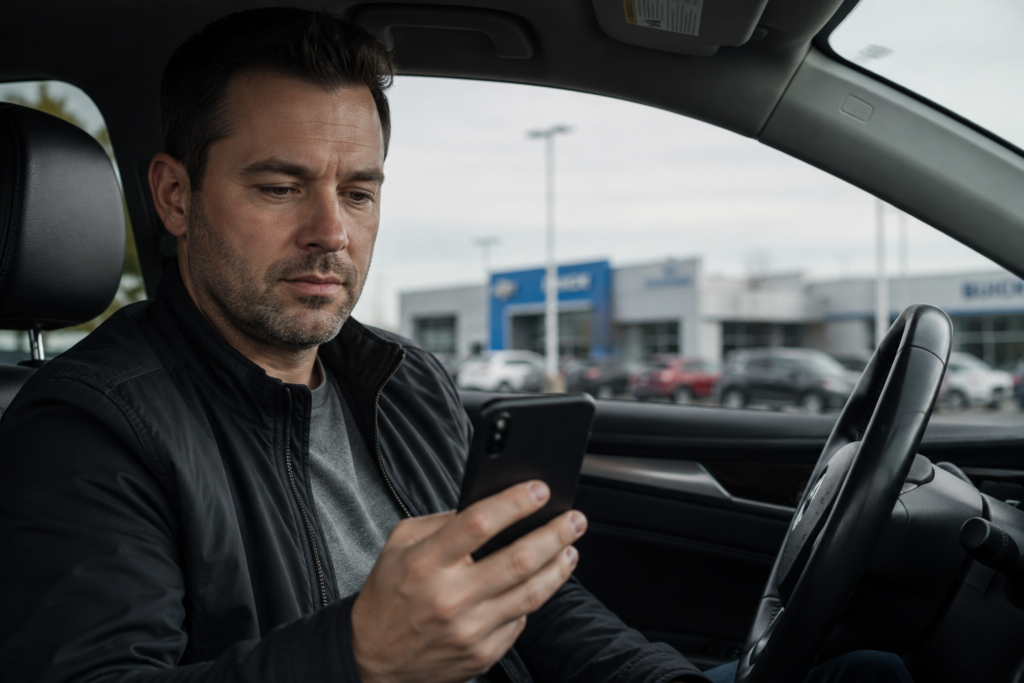Car owner reading an outreach message on their phone while sitting in their vehicle: the upgrade window is open and competitors are already reaching out