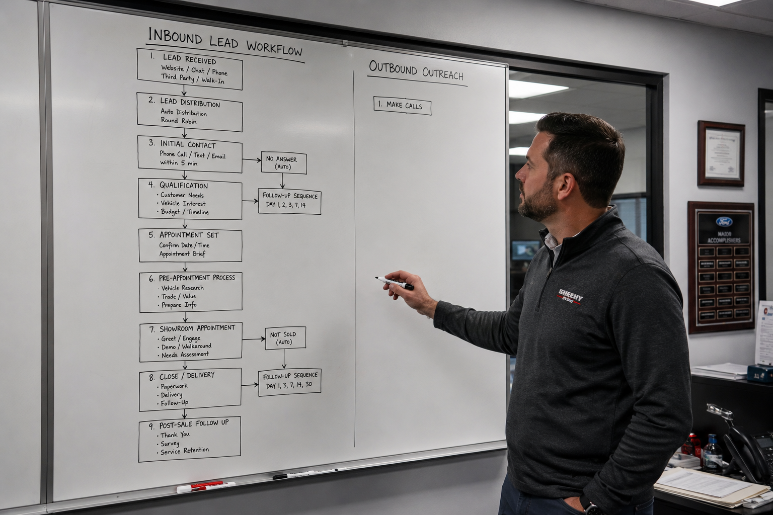 Dealership BDC manager reviewing a workflow board showing a fully developed inbound process and a nearly empty outbound past buyer outreach section