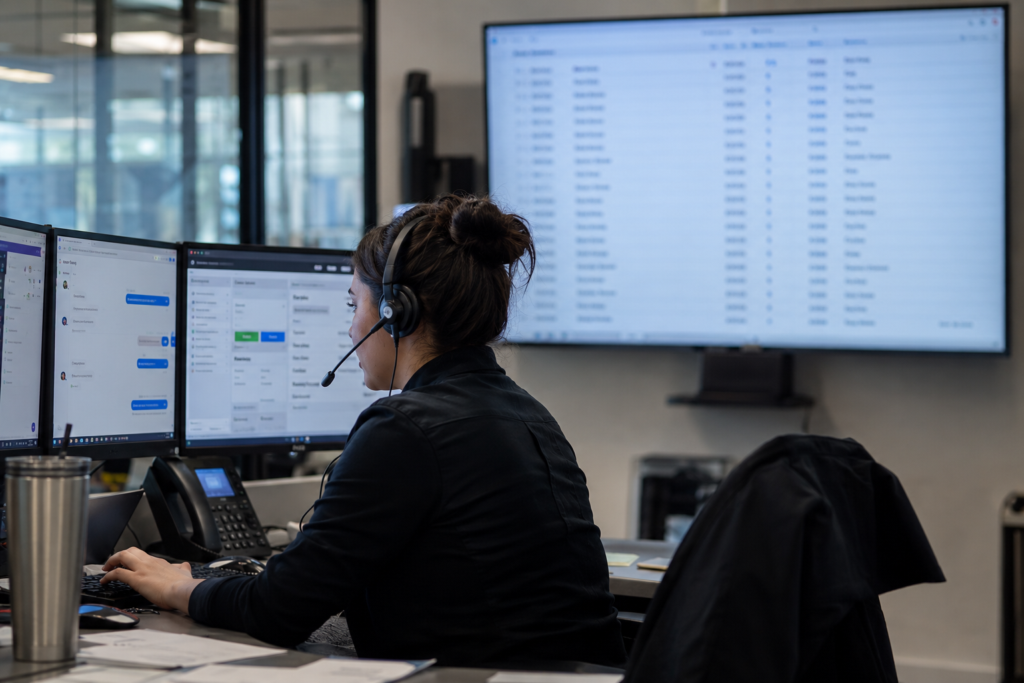 Dealership BDC representative handling inbound calls while a long list of past buyer contacts sits untouched in the background