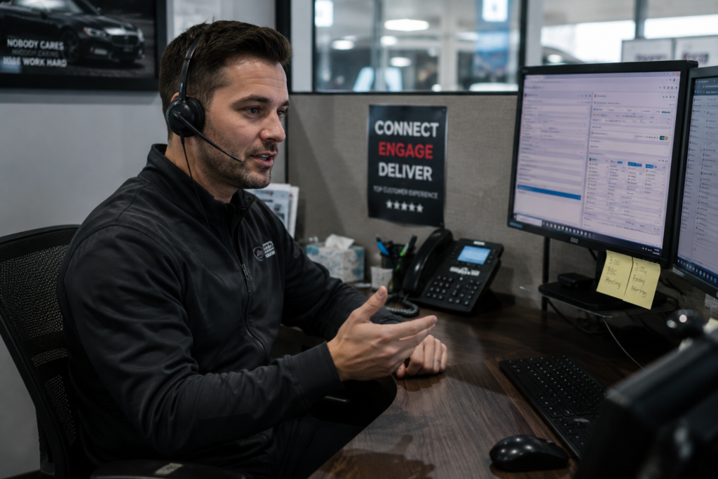Dealership BDC representative handling an active call: autonomous AI outreach generates the appointment, the human closes it