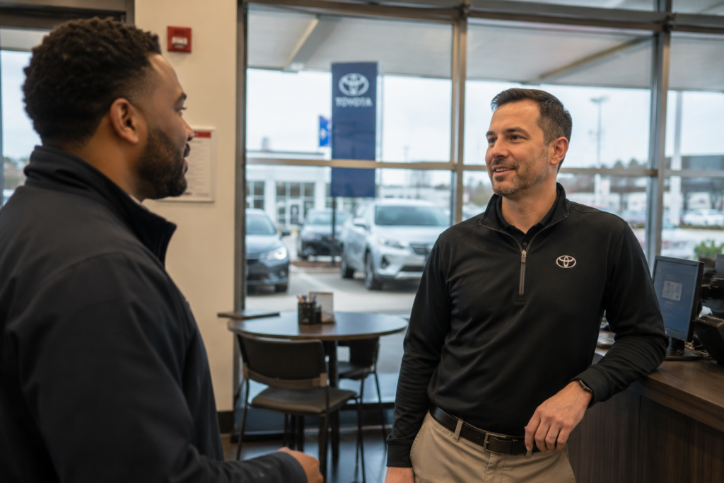 Dealership rep in a warm conversation with a returning past buyer: the relationship that distinguishes a past buyer from a cold lead