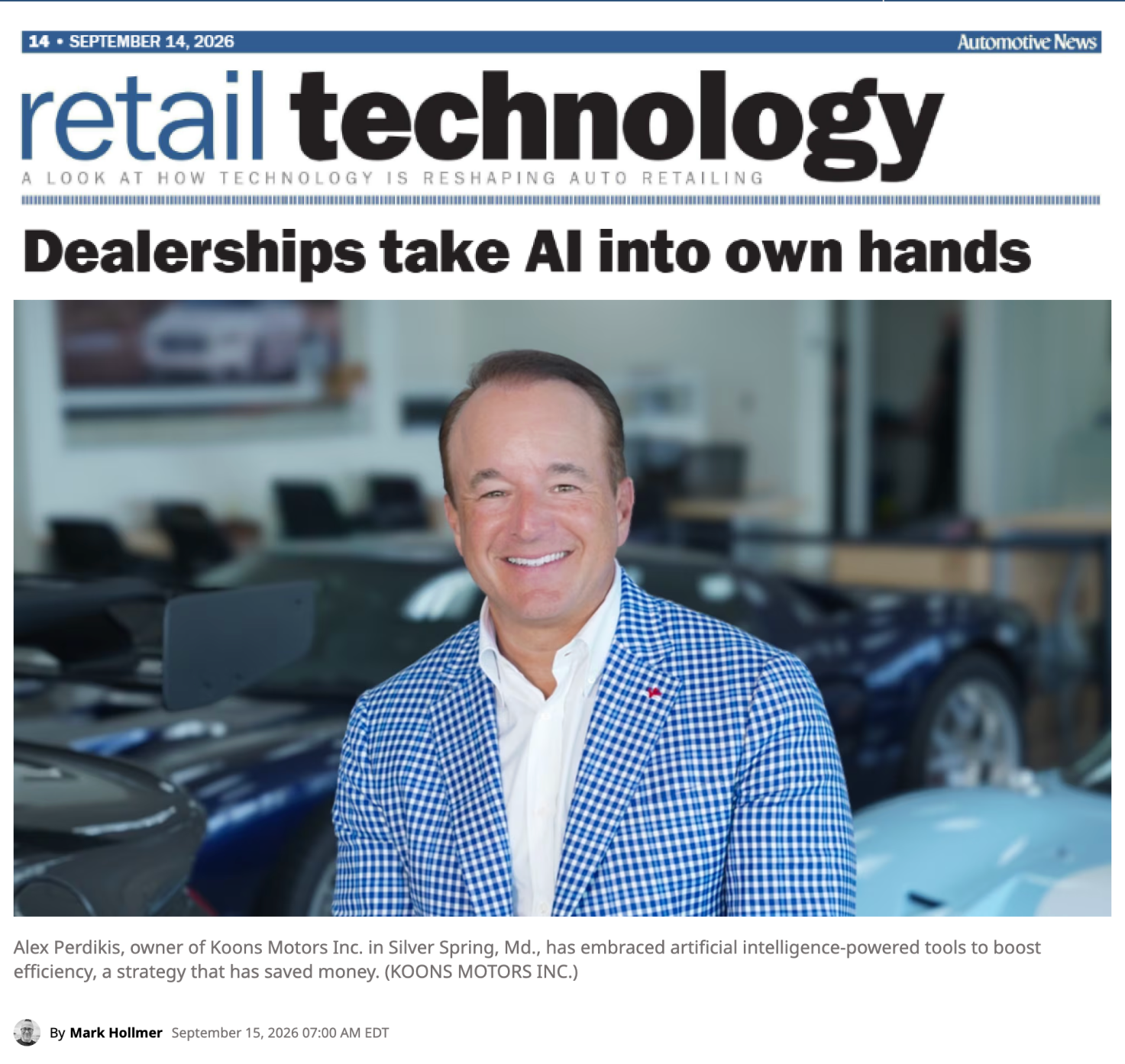 Automotive News Retail Technology page, September 15, 2026, featuring Trade Agent AI in the article "Dealerships take AI into own hands," with a photo of Koons Motors owner Alex Perdikis.