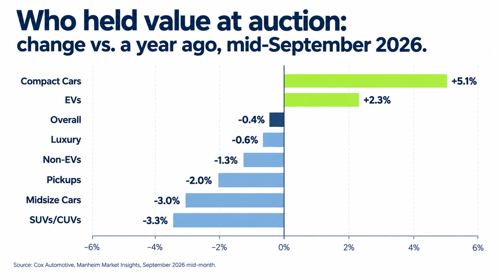 Chart showing compact cars and EVs gaining wholesale value year over year while pickups, midsize cars and SUVs declined, mid-September 2026