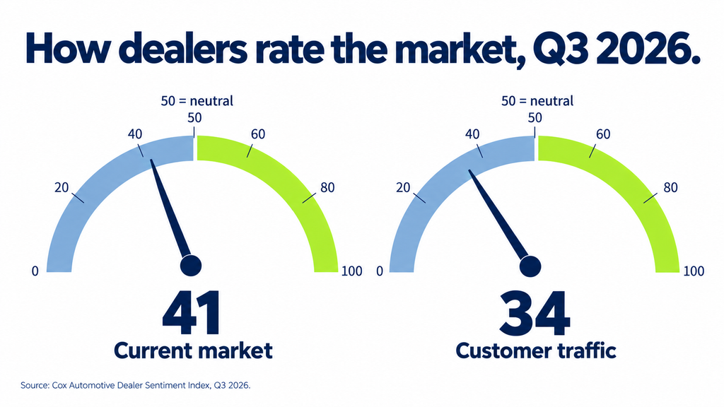 Two gauges showing Q3 2026 dealer sentiment at 41 for the current market and 34 for customer traffic, both below the neutral line of 50