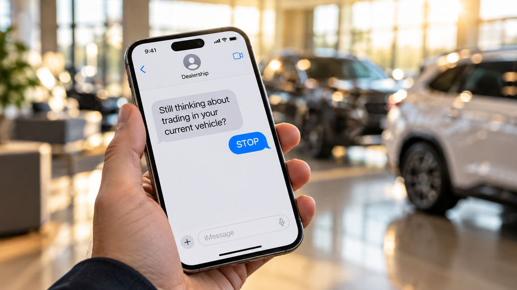 Customer’s phone showing a reply of STOP to a dealership text about trading in their vehicle
