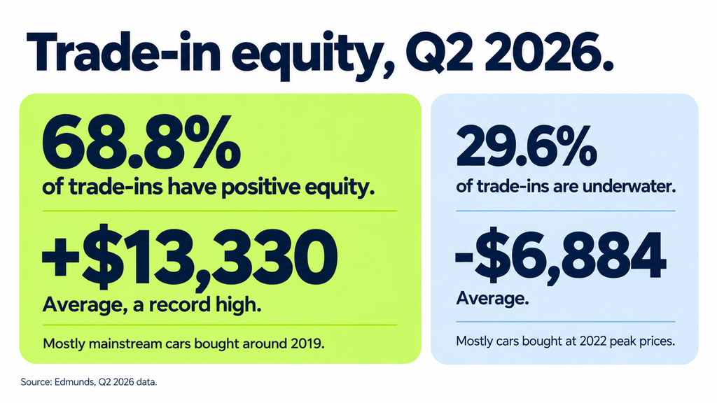 Comparison of Q2 2026 trade-in equity: 68.8% of trade-ins with an average positive equity of $13,330, versus 29.6% underwater by an average of $6,884