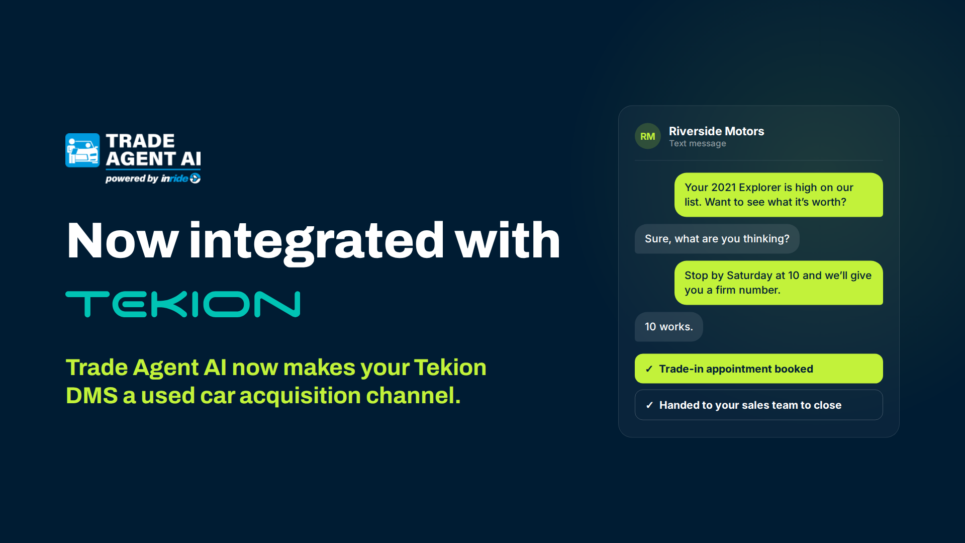 Trade Agent AI logo with "Now integrated with Tekion" beside a text conversation that ends in a booked trade-in appointment.